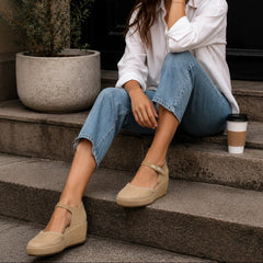 Womens Gwyneth Wedge Taupe Deco Stitch Microsuede